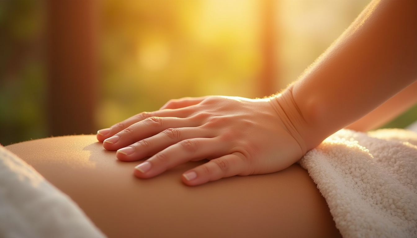  hands applying gentle massage, warm tones, focus on relaxation and healing ambiance