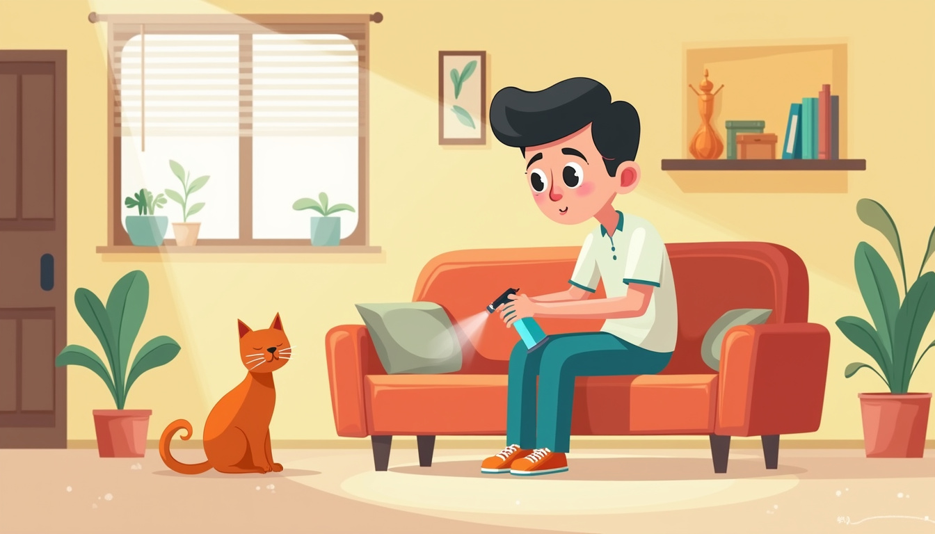 cat owner calmly handling spraying cat in cozy home