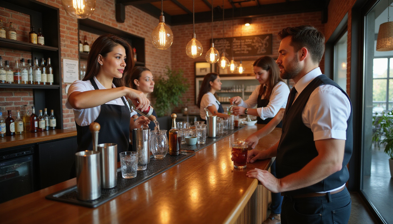  cozy bar scene, attentive staff pouring drinks responsibly, educational certification elements in background