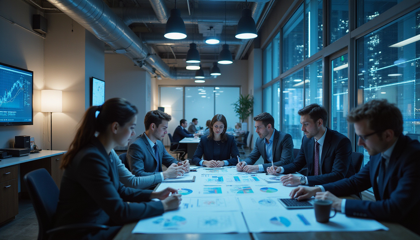  diverse group of professionals analyzing business charts, dynamic office environment, futuristic lighting