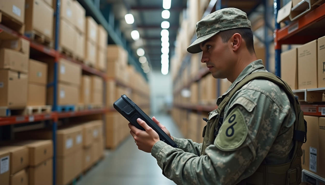  Soldier scanning military item numbers using handheld device amidst stacked supply boxes in base storage