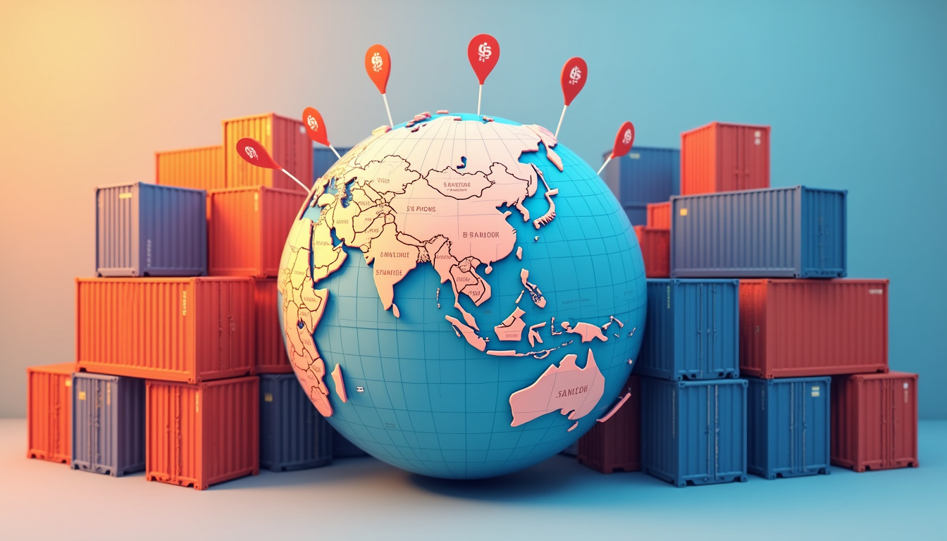  stacks of cargo containers with price tags, globe showing trade zones and tariff symbols