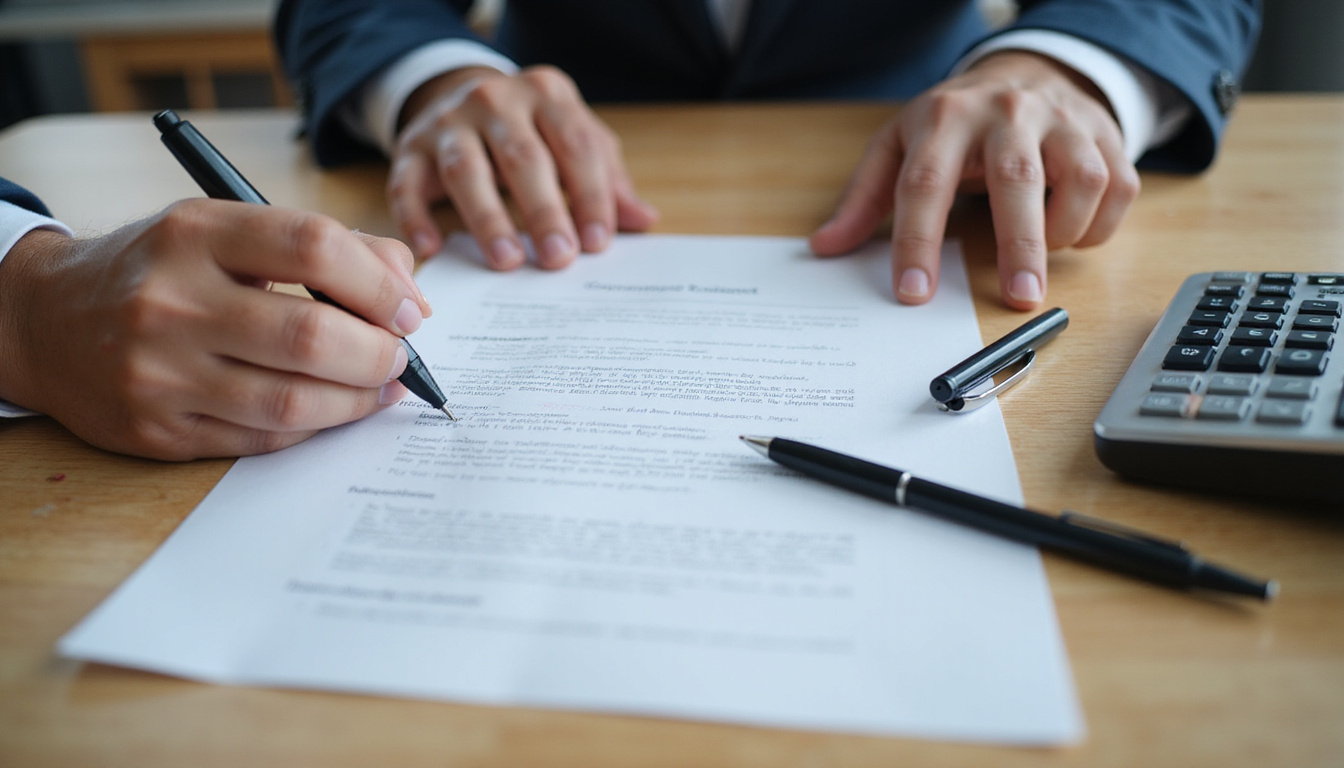  close-up of hands negotiating government contract, legal documents on wooden table, pens and calculators
