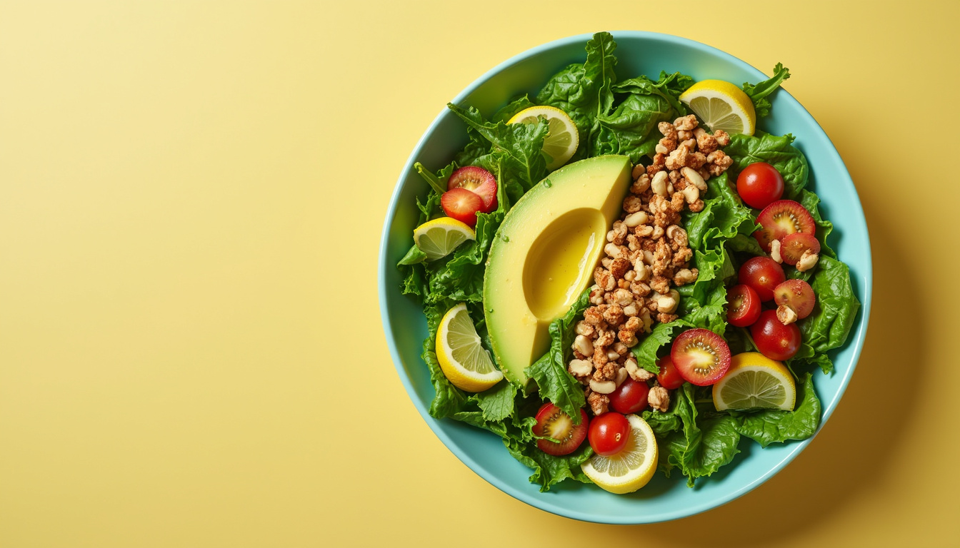 vibrant healthy low carb salad bowl with nuts, avocado, leafy greens, and lemon dressing