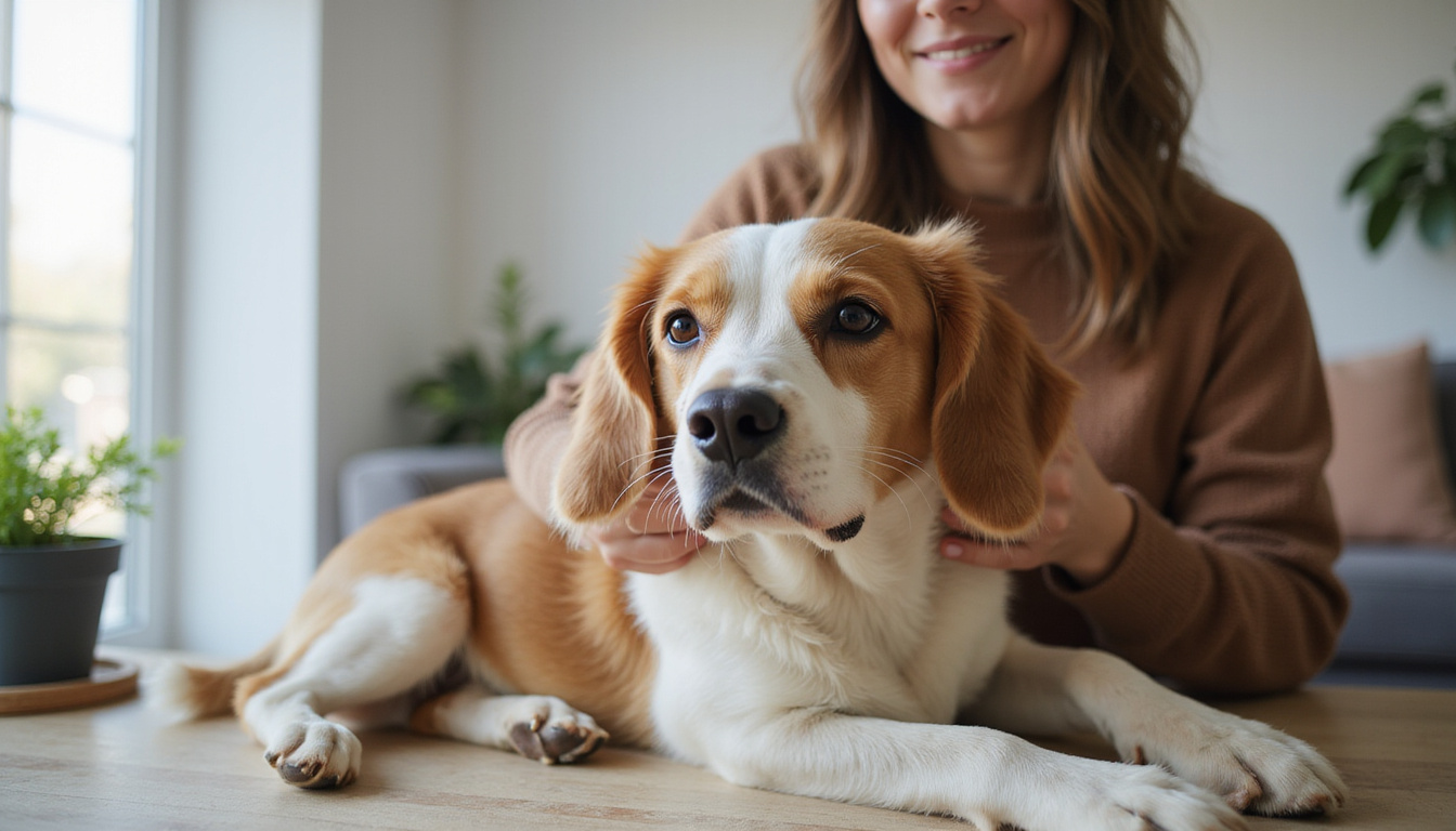  caring owner grooming friendly dog in cozy home setting