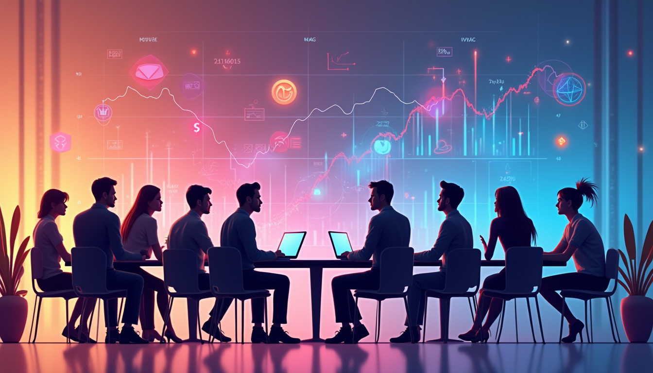  Diverse group discussing crypto strategies, digital charts and logos floating around, modern tech vibe