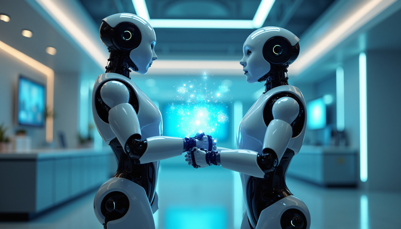  Autonomous intelligent robots collaborating in sleek modern lab, holographic interfaces glowing brightly