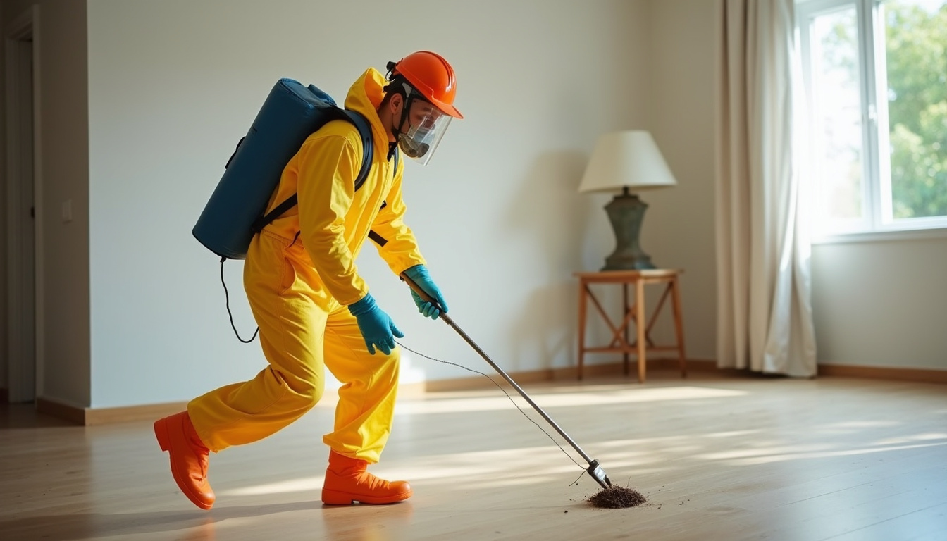  Professional exterminator in protective gear applying roach control treatment in a home