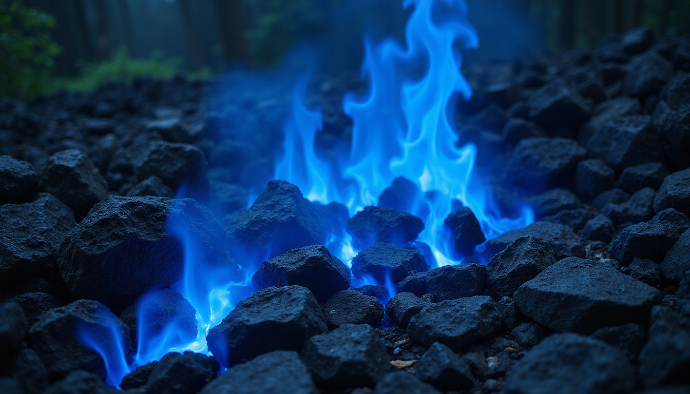 mystical glowing blue fire illuminating dark volcanic rocks, Bali island atmosphere