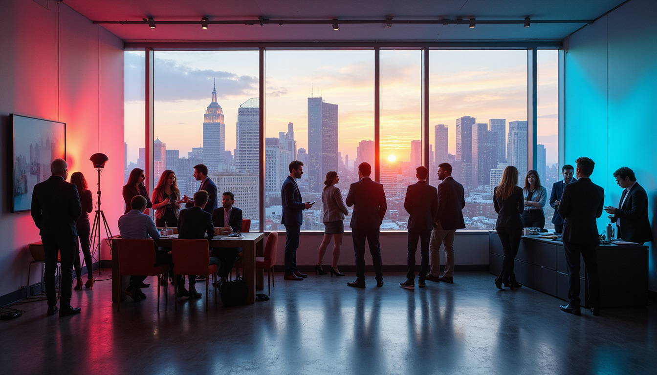  Diverse group of realtors networking at stylish office event, vibrant cityscape through windows