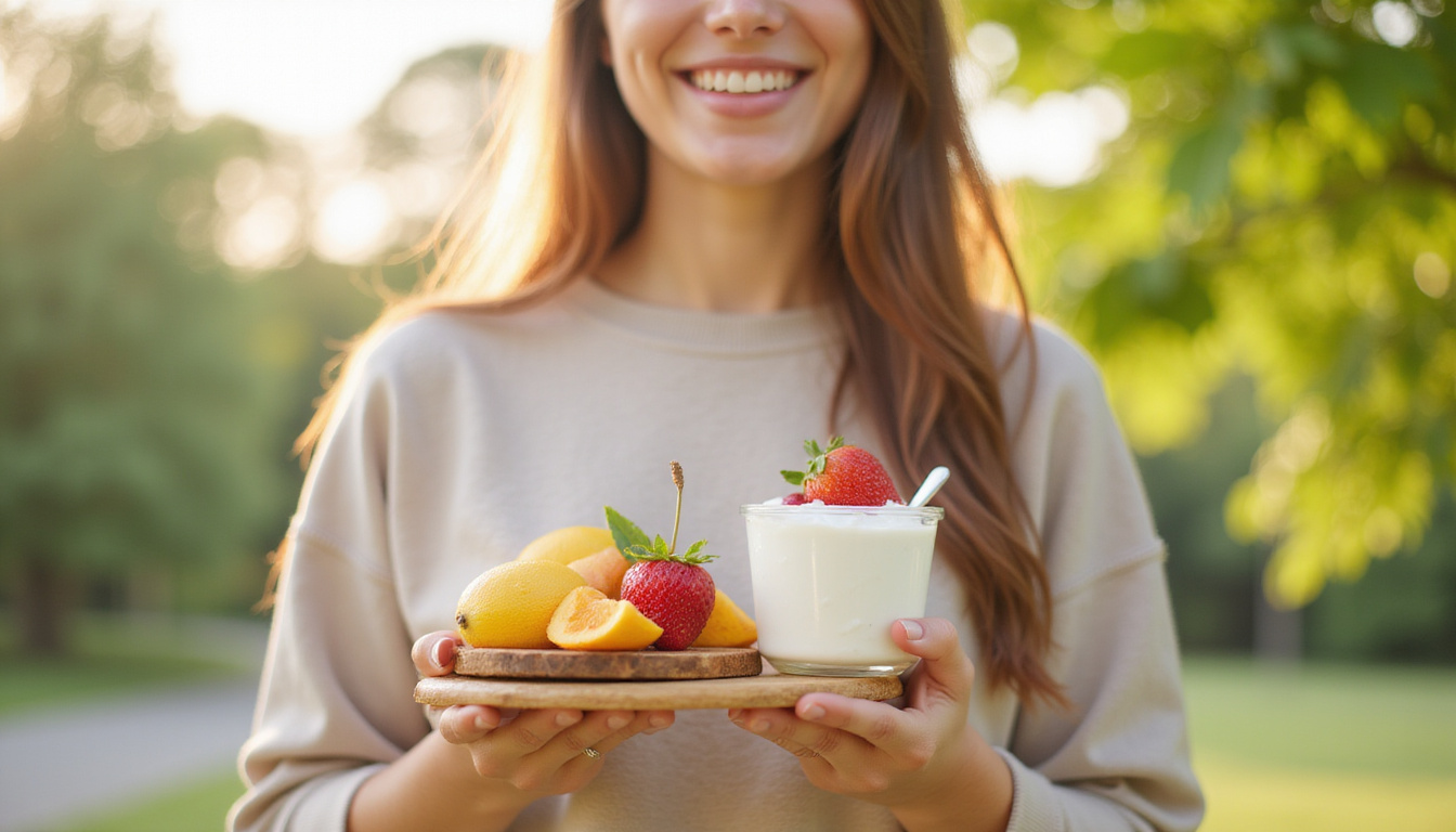 Healthy happy person holding fresh yogurt and fruits, bright natural setting, vibrant colors