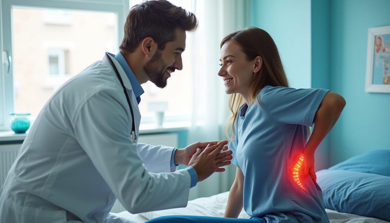  Doctor consulting patient with back pain, modern clinic, bright lighting, compassionate care
