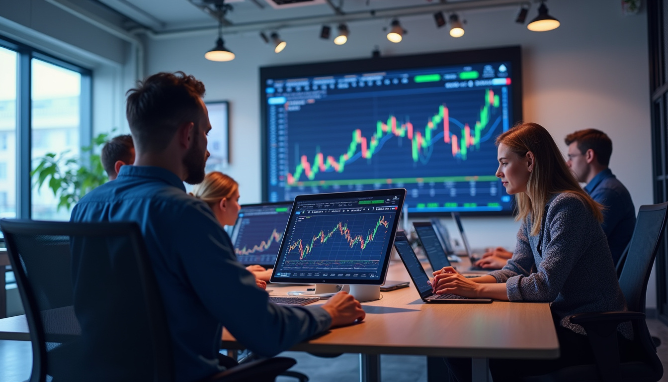  Diverse investors using multiple devices trading cryptocurrencies securely in modern office environment