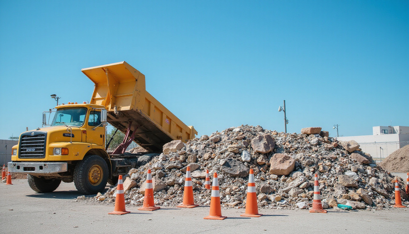  organized demolition waste disposal, safety cones, protective equipment, clear blue sky, efficiency-focused team