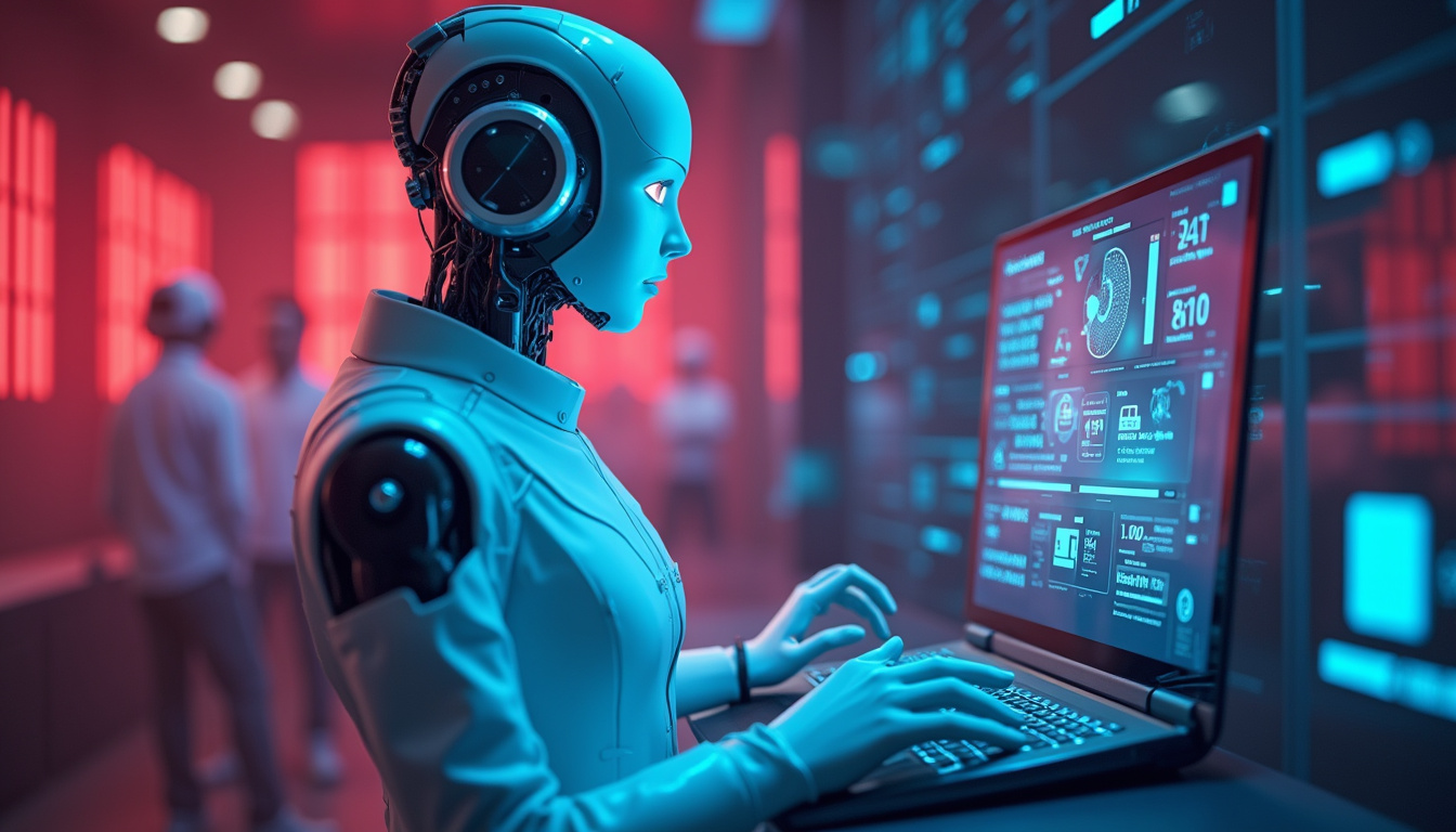  futuristic AI assistant helping customers, digital interface glowing brightly