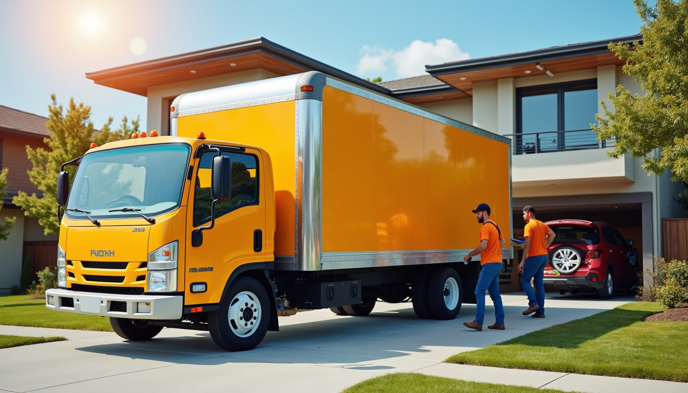 Friendly junk removal crew loading a truck outside a modern San Diego home, bright day