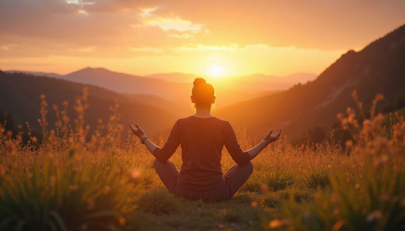  a person meditating peacefully in nature at sunrise with gentle light and soft colors