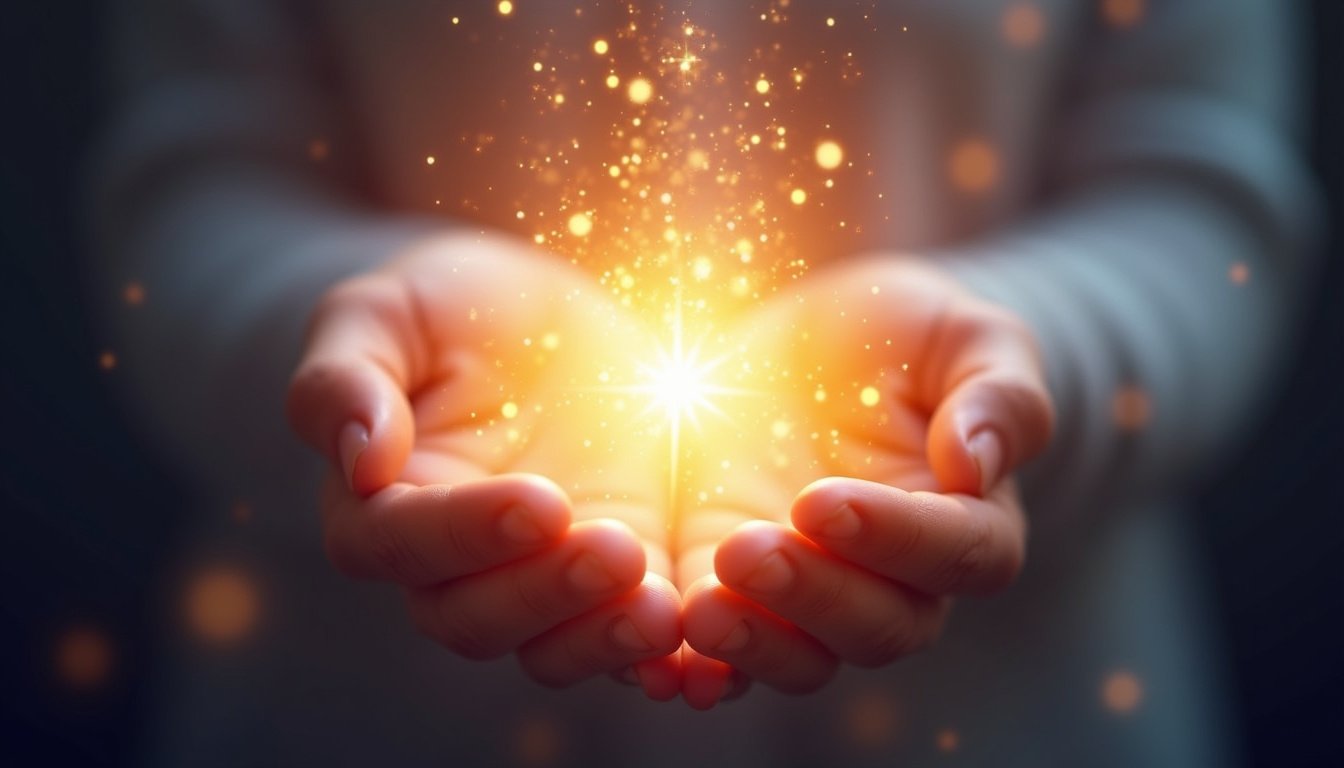  Hands gently holding glowing orb of energy, peaceful spiritual symbols floating around