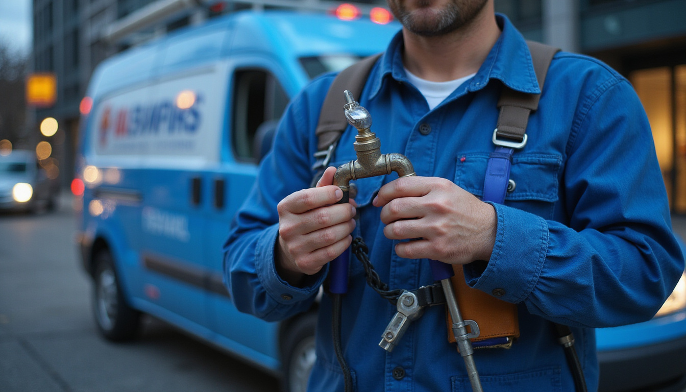 close-up of plumber tools, bright van with flashing lights, modern urban background, real-time availability concept