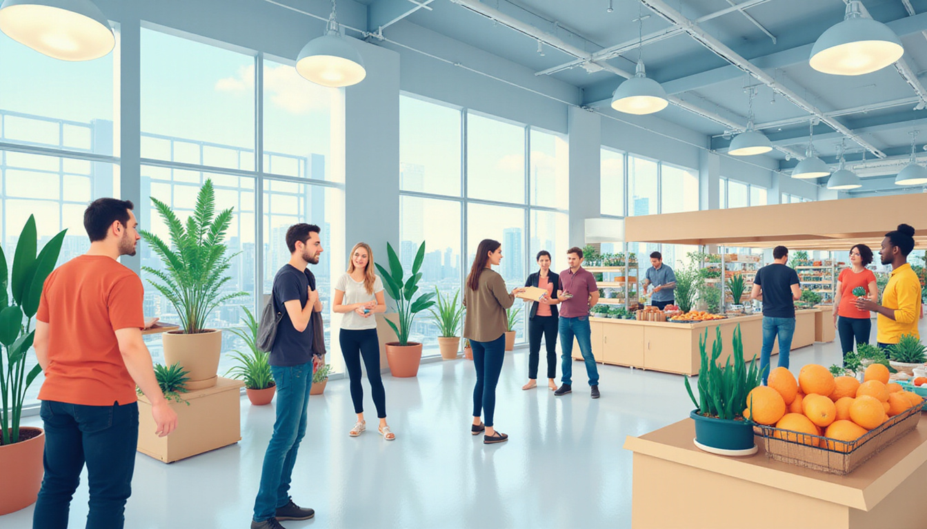  Diverse vendors collaborating, eco-friendly icons, modern tech marketplace atmosphere