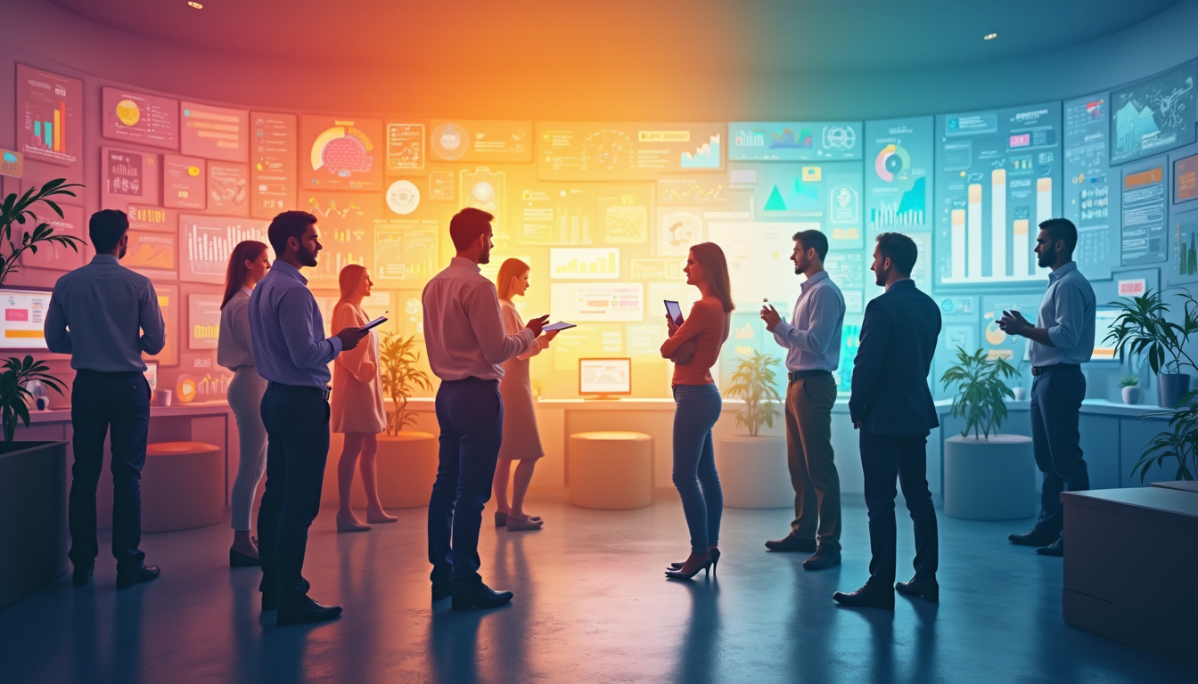 vibrant marketing team brainstorming bold strategies in a modern office with charts and graphs