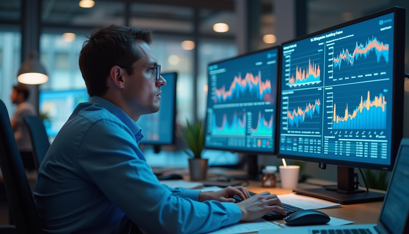  professional business environment, analysts studying NACE economic classification, high-tech office, detailed charts on screens