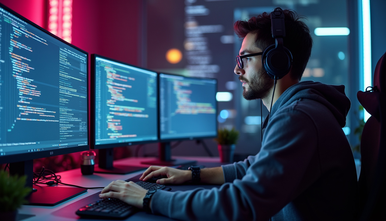 focused developer coding CPV codes, multiple screens, modern tech workspace, vibrant colors
