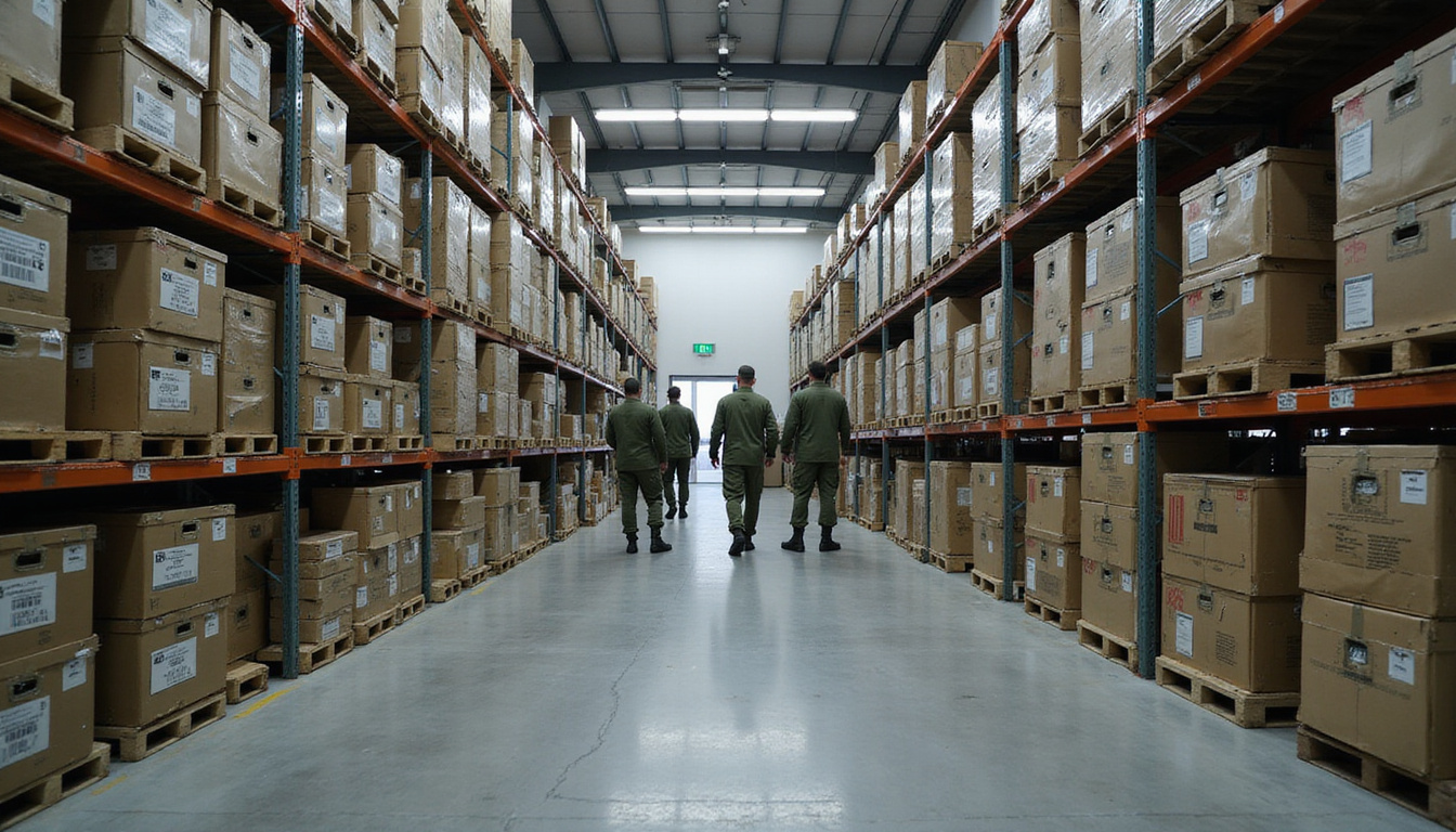  organized military storage with NATO tagged crates, uniformed personnel managing inventory, modern military facility