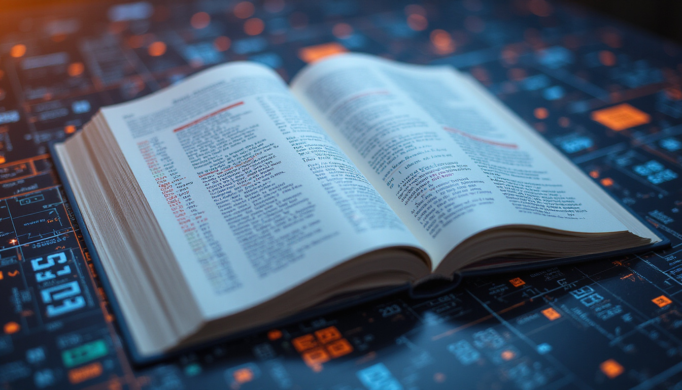  detailed open directory book with highlighted HS codes, digital data stream background