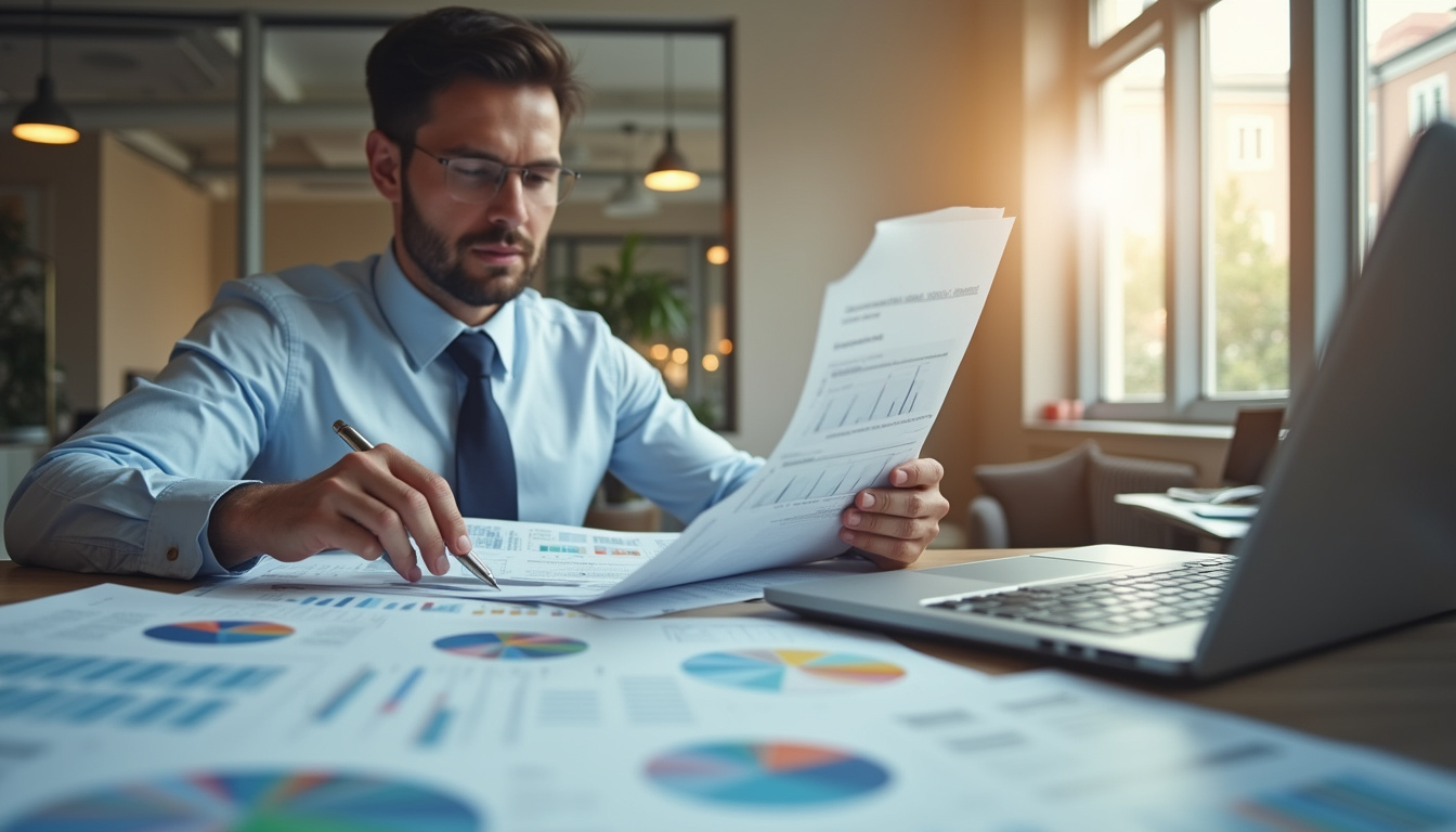  Confident small business owner reviewing subcontract documents, charts and laptop on desk, bright workspace