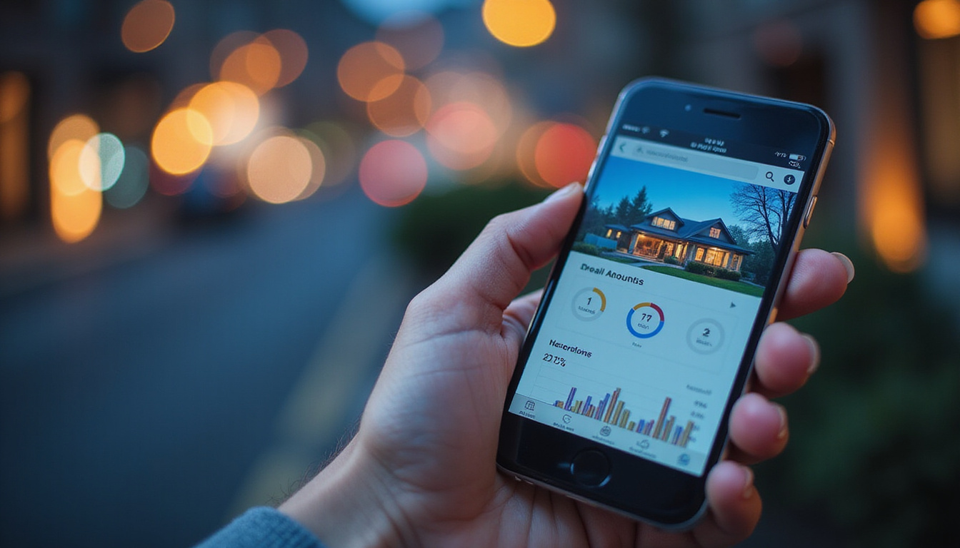  Hand holding smartphone displaying real estate website analytics, SEO graphs glowing bright
