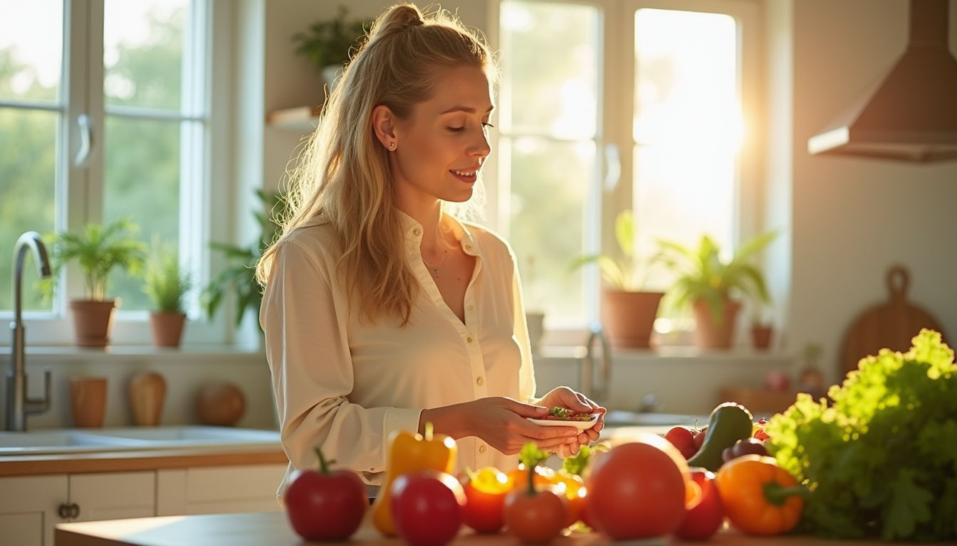Healthy person eating fiber-rich fruits and vegetables in sunny kitchen