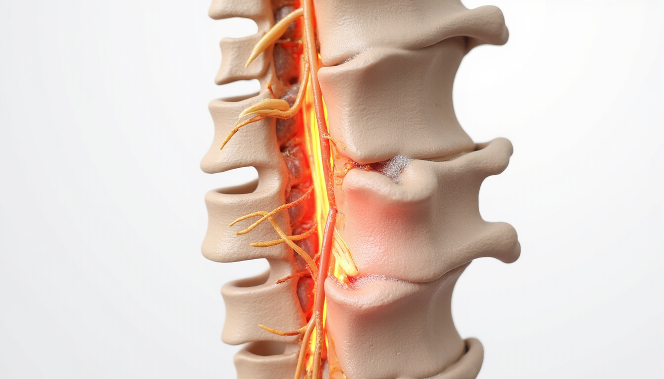  Detailed anatomical illustration highlighting sciatic nerve compression and inflammation in the lower spine