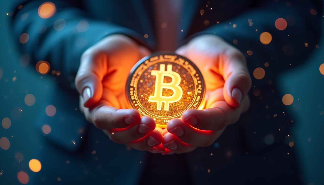 Hands holding a glowing digital token amid secure blockchain network, vibrant tech interface background
