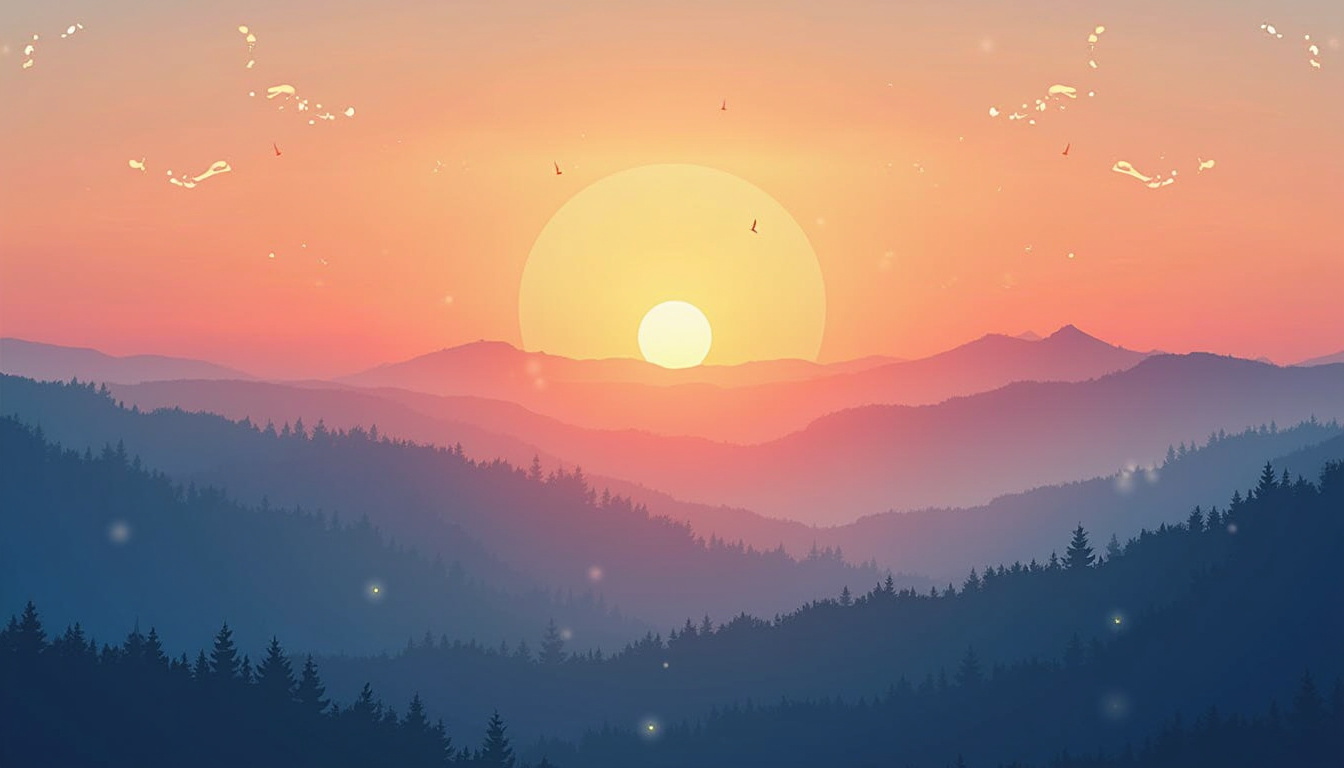  peaceful sunrise over tranquil mountains with floating spiritual symbols and gentle mist