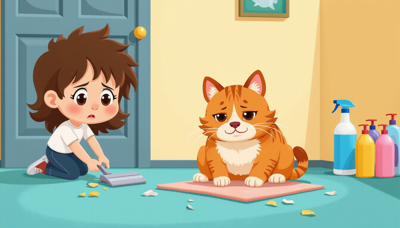 Close-up of a frustrated owner cleaning cat urine from carpet, cleaning supplies nearby