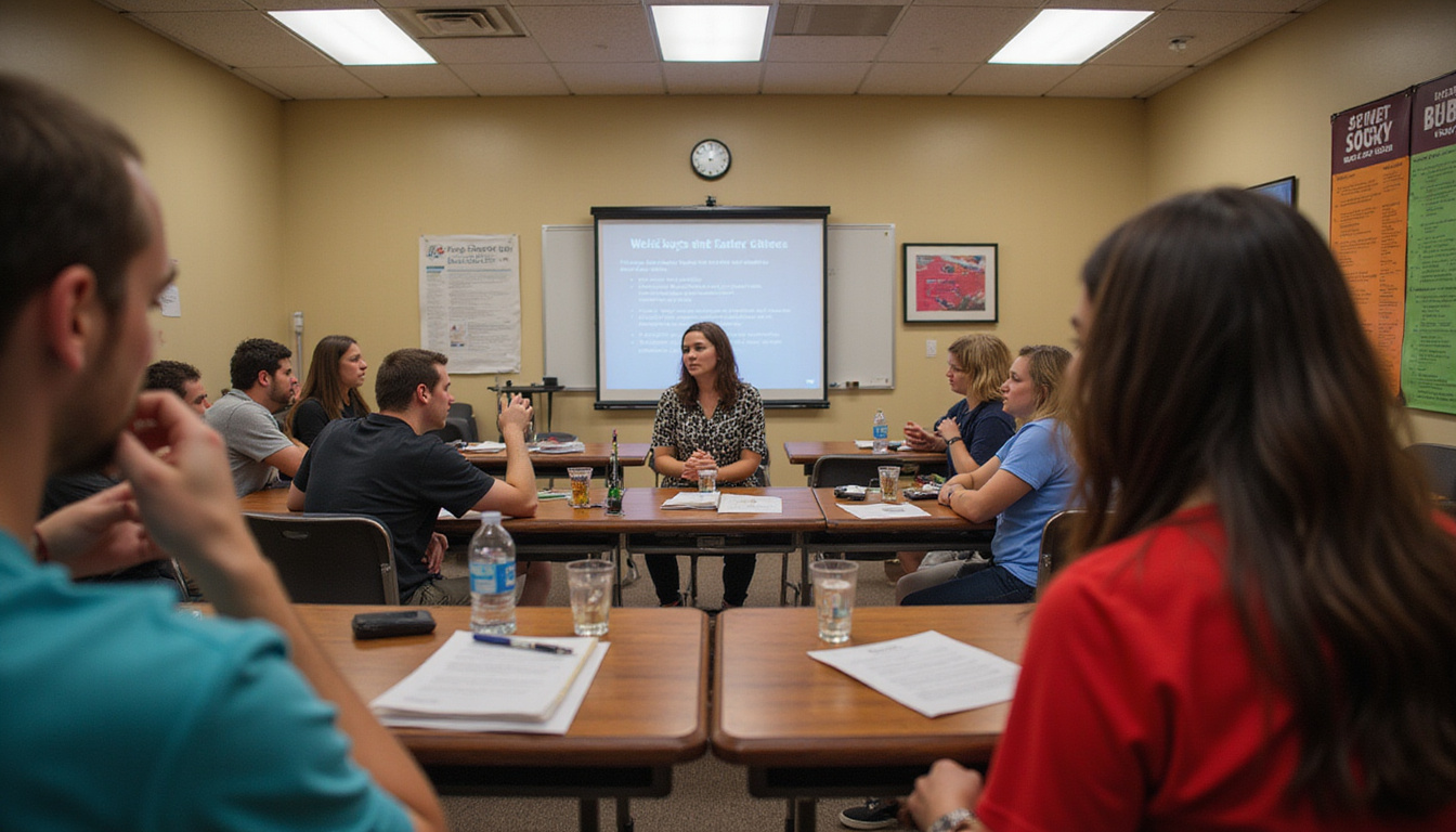 Louisiana bar staff attending alcohol safety training, vibrant classroom setting with educational posters