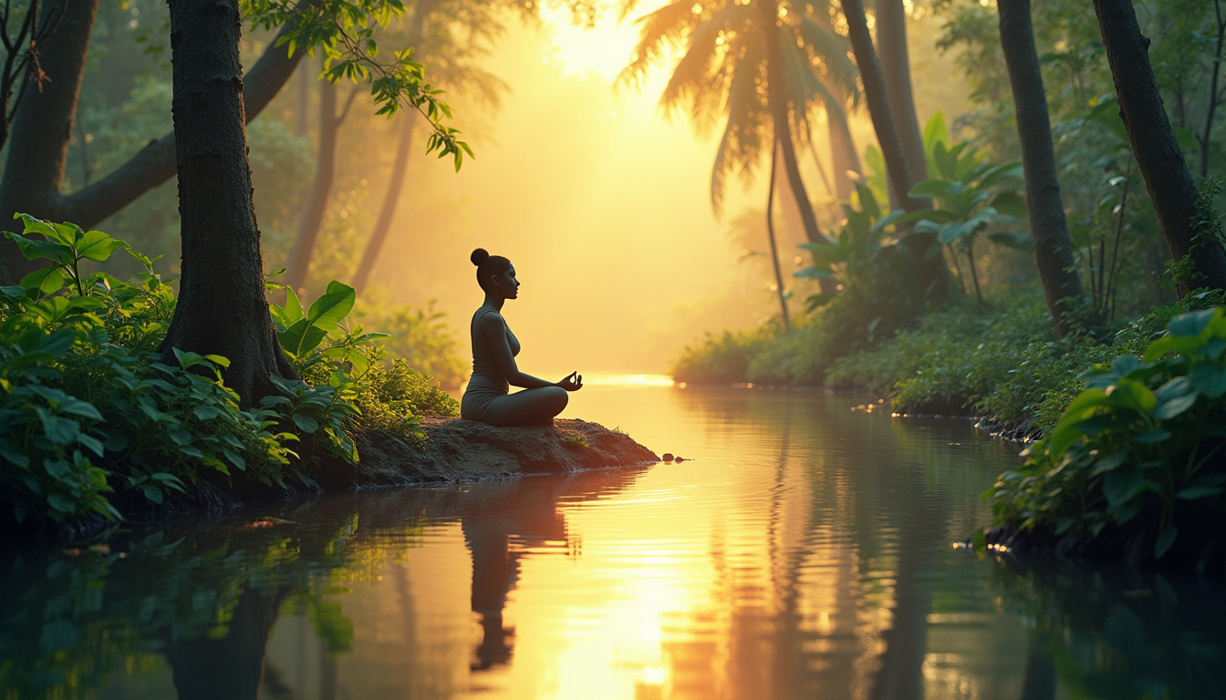  Peaceful retreat with silhouetted yogi, calm river reflections, lush tropical greenery, soft warm light