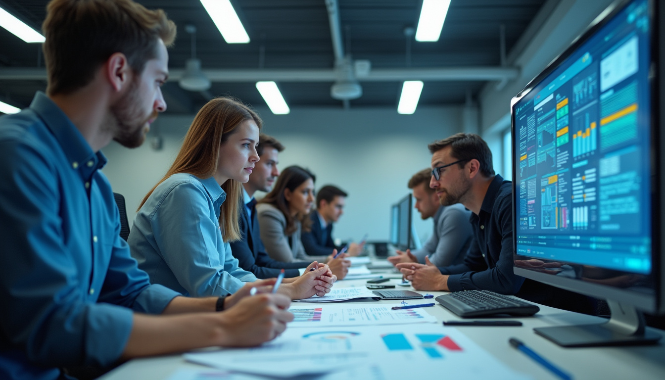  Corporate office environment with diverse professionals analyzing classification charts, digital interface, bright lighting