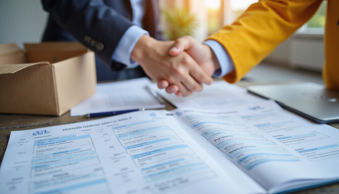  Close-up of tariff documents, international trade goods exchanging hands across borders