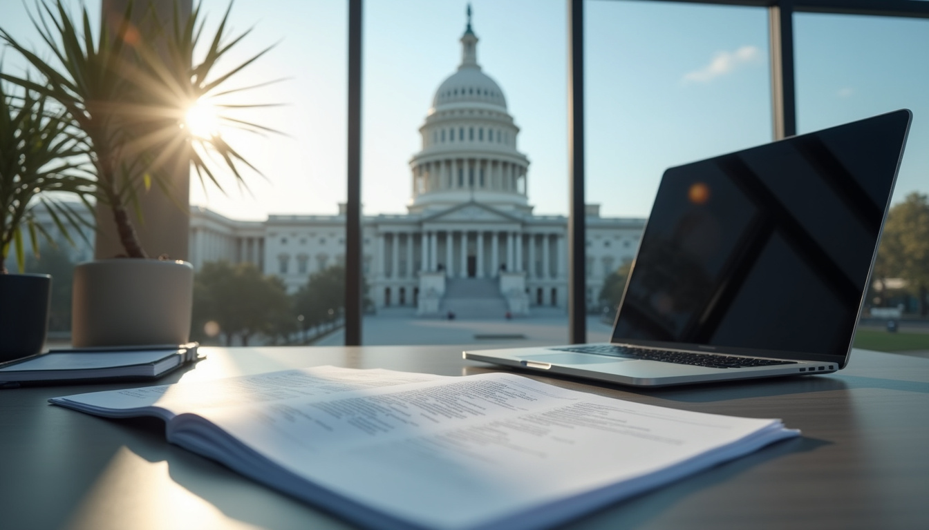 modern workspace with laptop, government building in background, focus on procurement documents