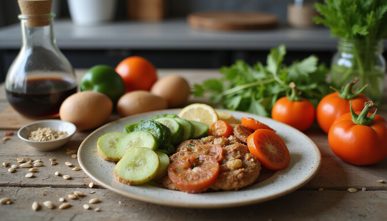 Diabetic-friendly snacks on rustic wooden table, fresh vegetables and seeds, cozy kitchen ambiance