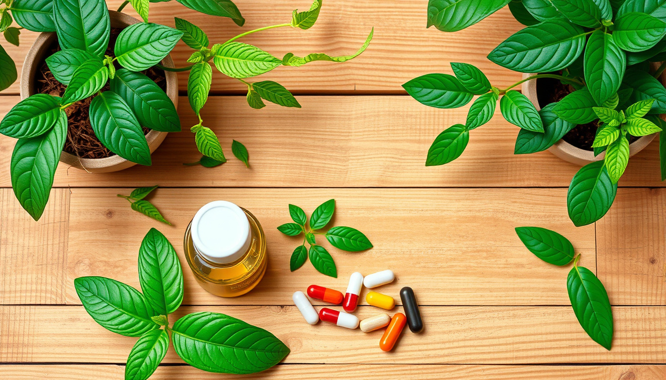  Wellness scene with vibrant green plants and supplements on wooden table