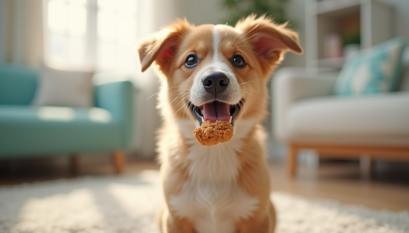  Cute dog eagerly enjoying tasty treats with joyful eyes indoors