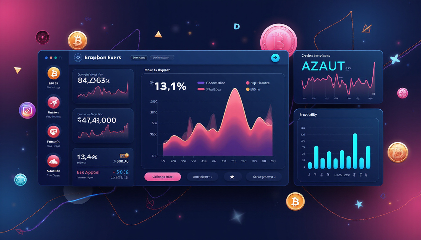  sleek marketing campaign dashboard with data charts, crypto tokens, dynamic social media icons vibrant and engaging
