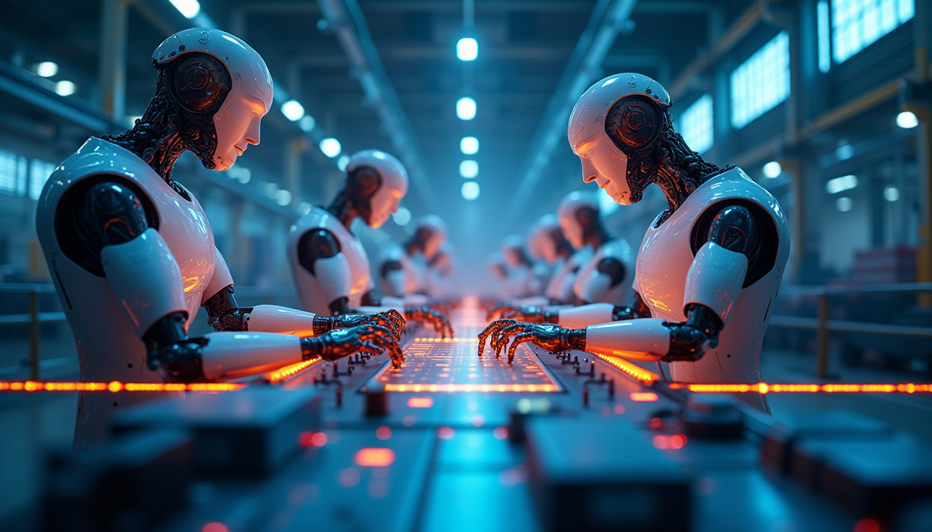  High-tech factory with glowing AI machinery and intelligent robots optimizing production lines