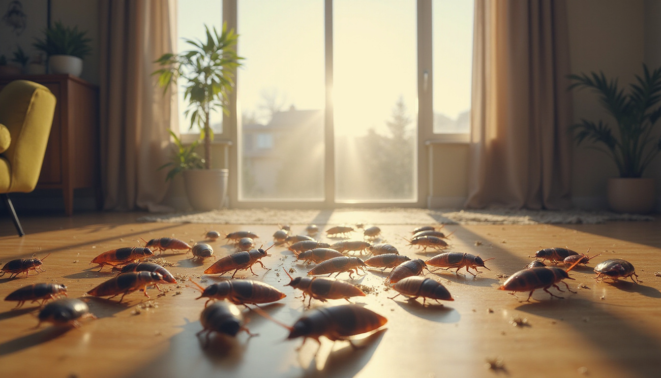  Swarm of cockroaches escaping bright pest control fumes in a modern home interior