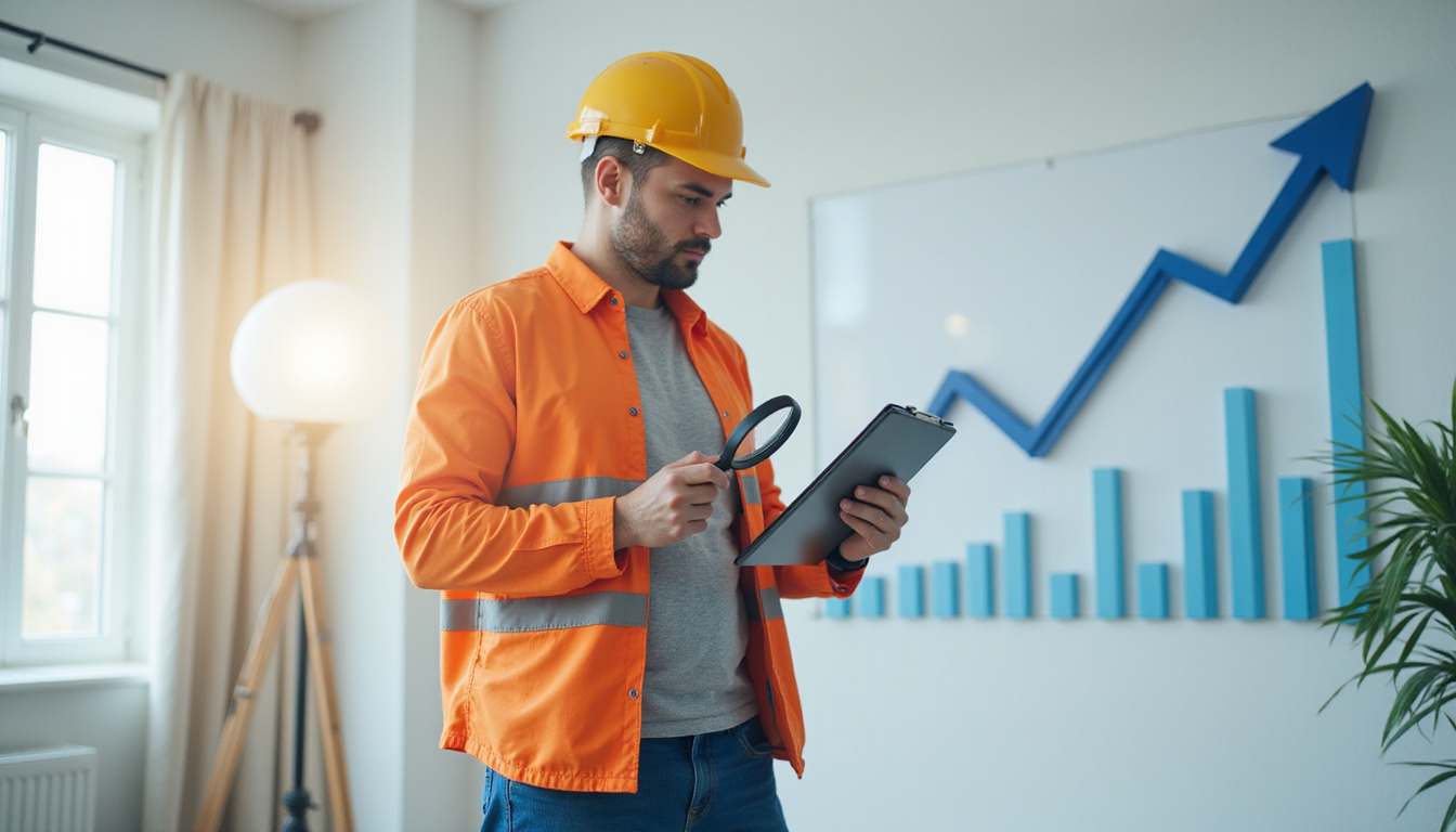 Professional home inspector with clipboard, magnifying glass, real estate listings, rising web traffic charts
