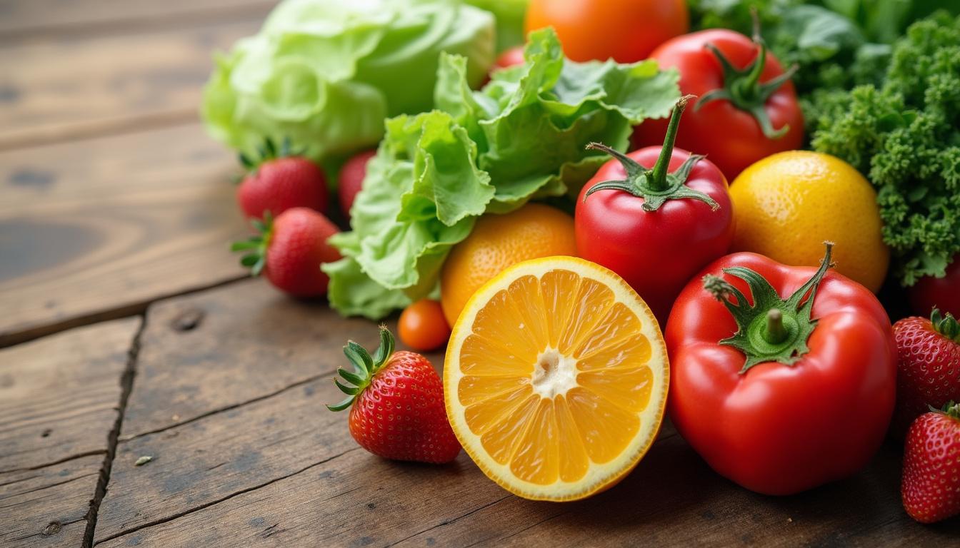 fresh vegetables and fruits arranged on wooden table, natural probiotics for gut health