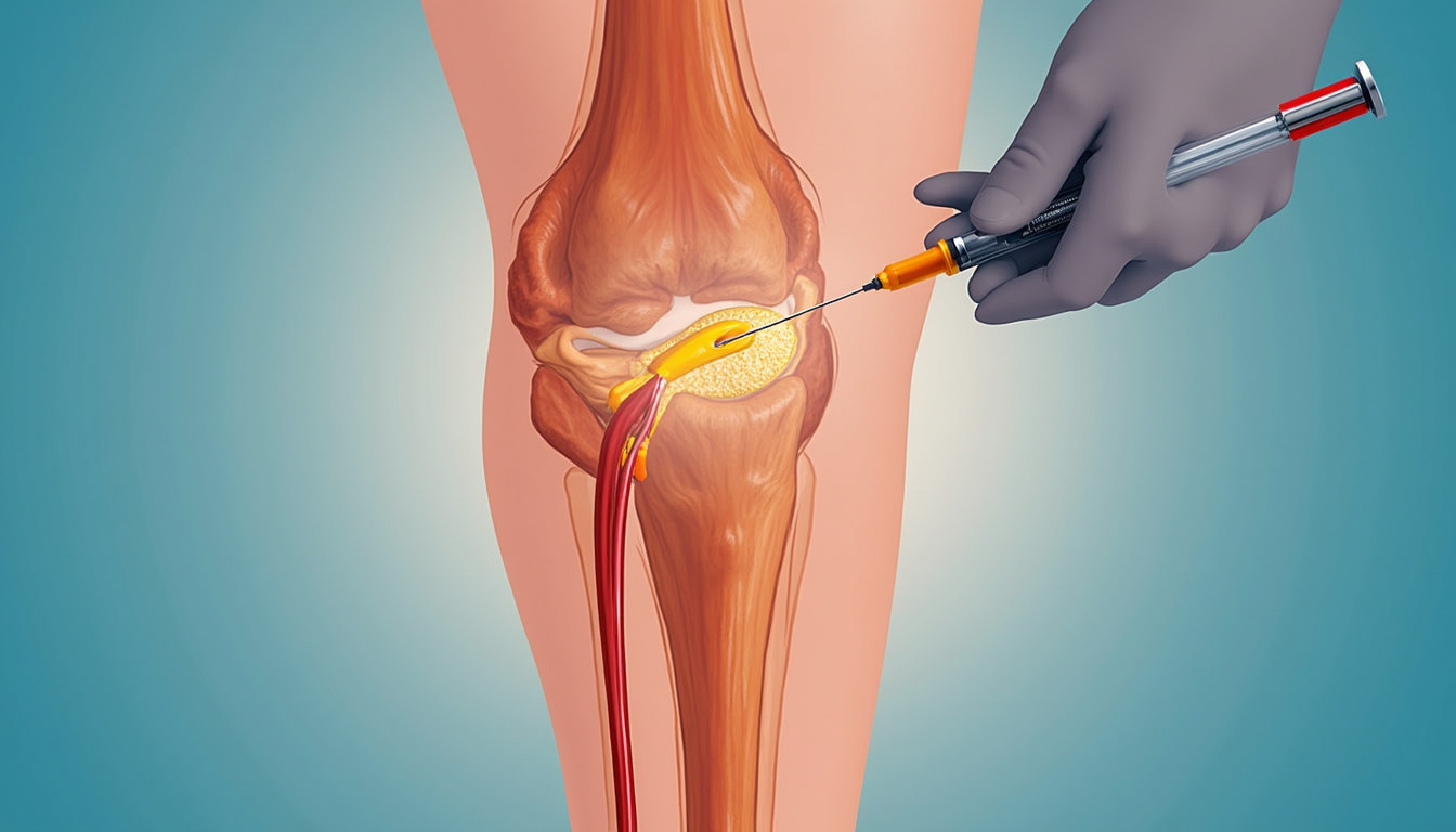  Close-up of patient leg showing sciatic nerve anatomy with injection site, medical illustration style